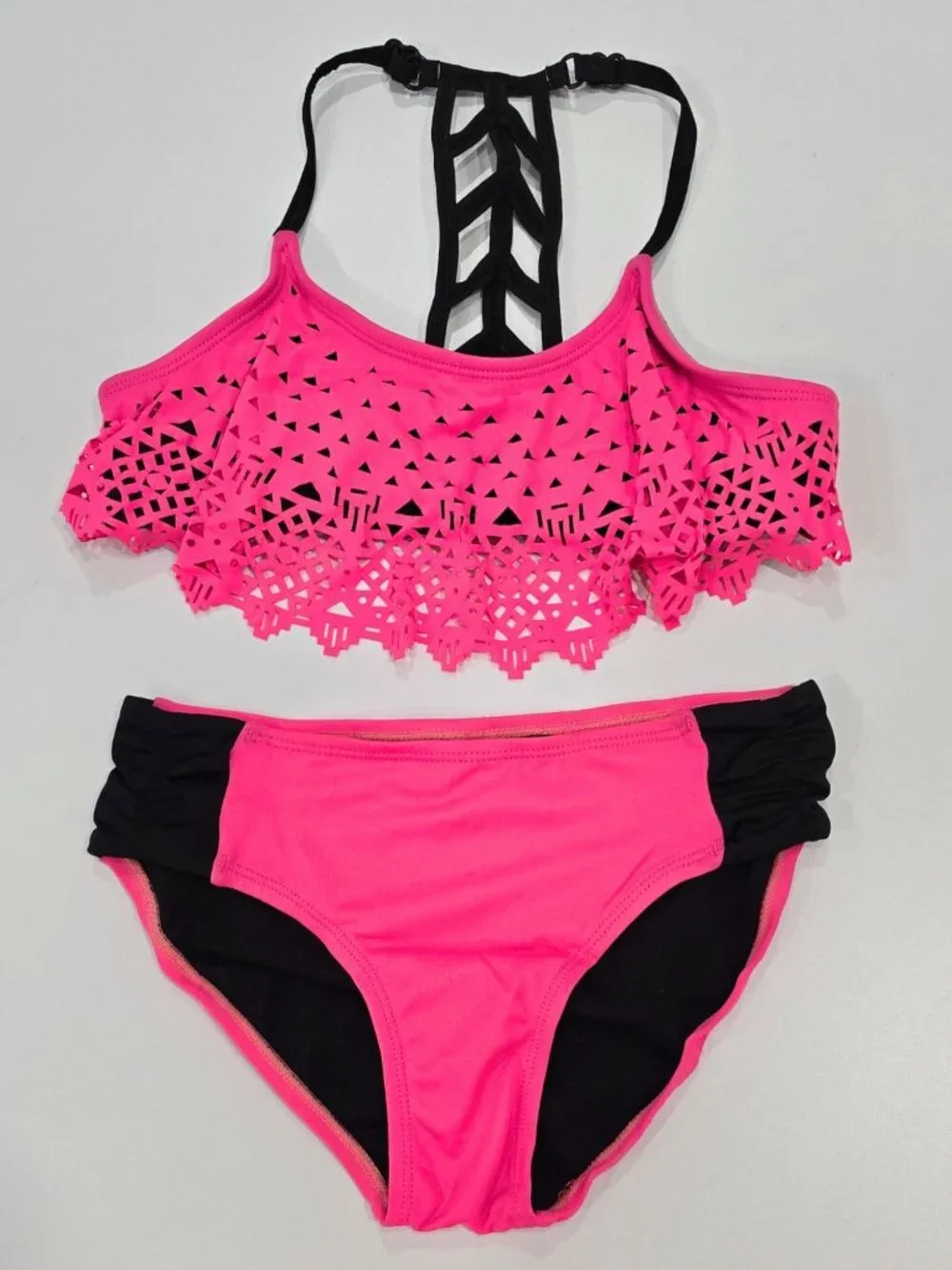 Justice ✦ Pink & Black Laser‑Cut Bikini Set ✦ Ruffle Crop Top Ruched Bottoms 8